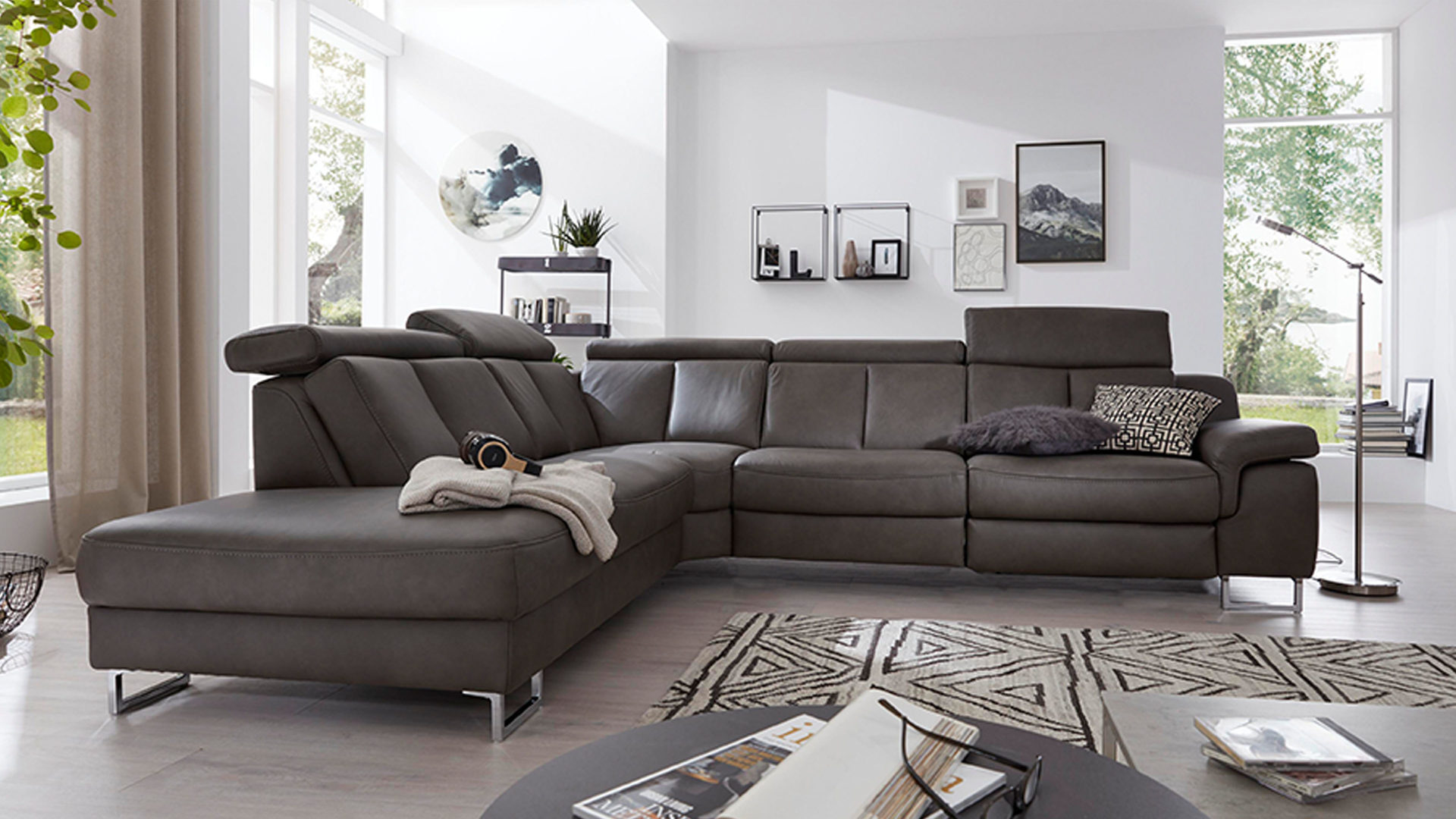 Interliving Sofa Serie 4050 Eckkombination Graues Longlife Leder Cloudy