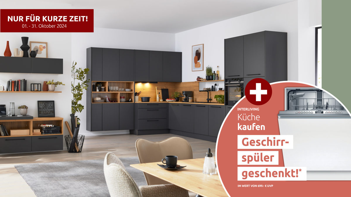 Einbauküche Interliving aus Holz in Dunkelgrau Interliving Küche Serie 3070 mit SIEMENS-Einbaugeräten Graphit & Eiche Ventura - zweizeilig