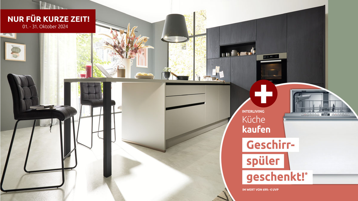 Einbauküche Interliving aus Holz in Schwarz Interliving Küche Serie 3056 mit Miele Einbaugeräten Eiche Nero & Platingrau – Stellfläche ca. 400 x 285 cm